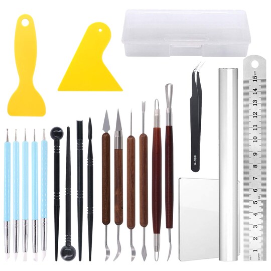 21Pcs Carving Modeling Clay Sculpting Tool Set Including Pottery Sculpture Tool, Silicone Tip Pen, Dual-End Dotting Clay Tool, Scraper, Tweezers, Ruler, Acrylic Clay Roller, Acrylic Sheet